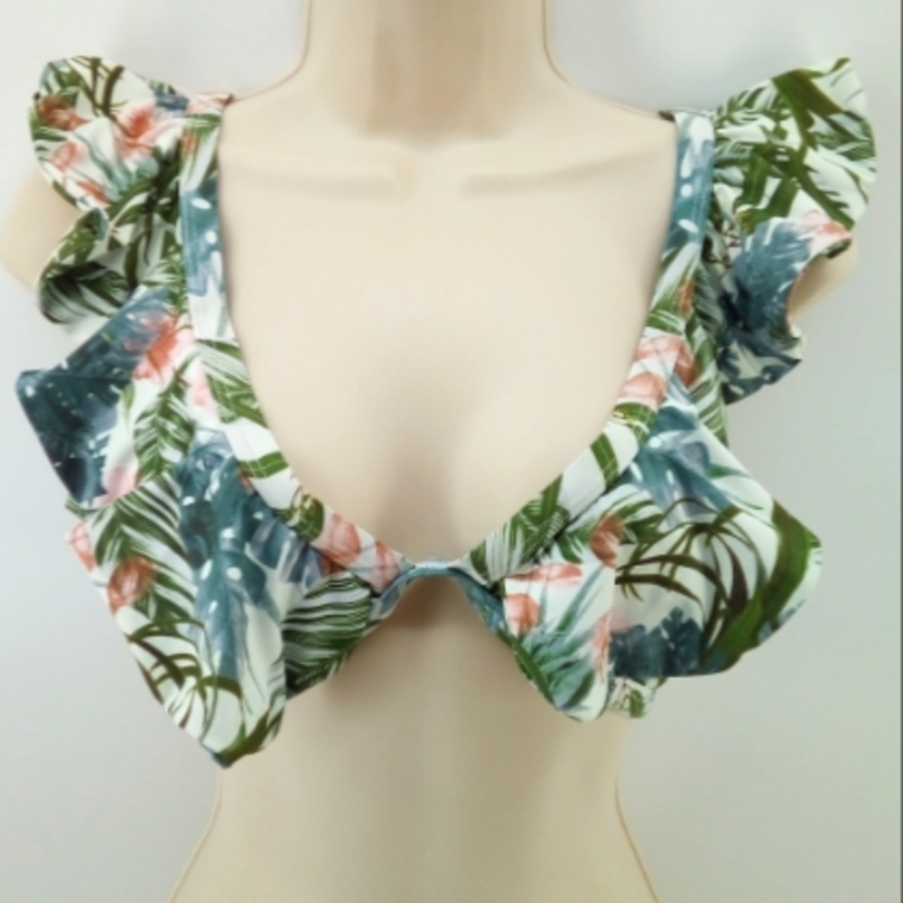 Envya Bikini Palm Ruffle Floral Banana Leaf Bikini Top Swimwear S Swimsuit Green